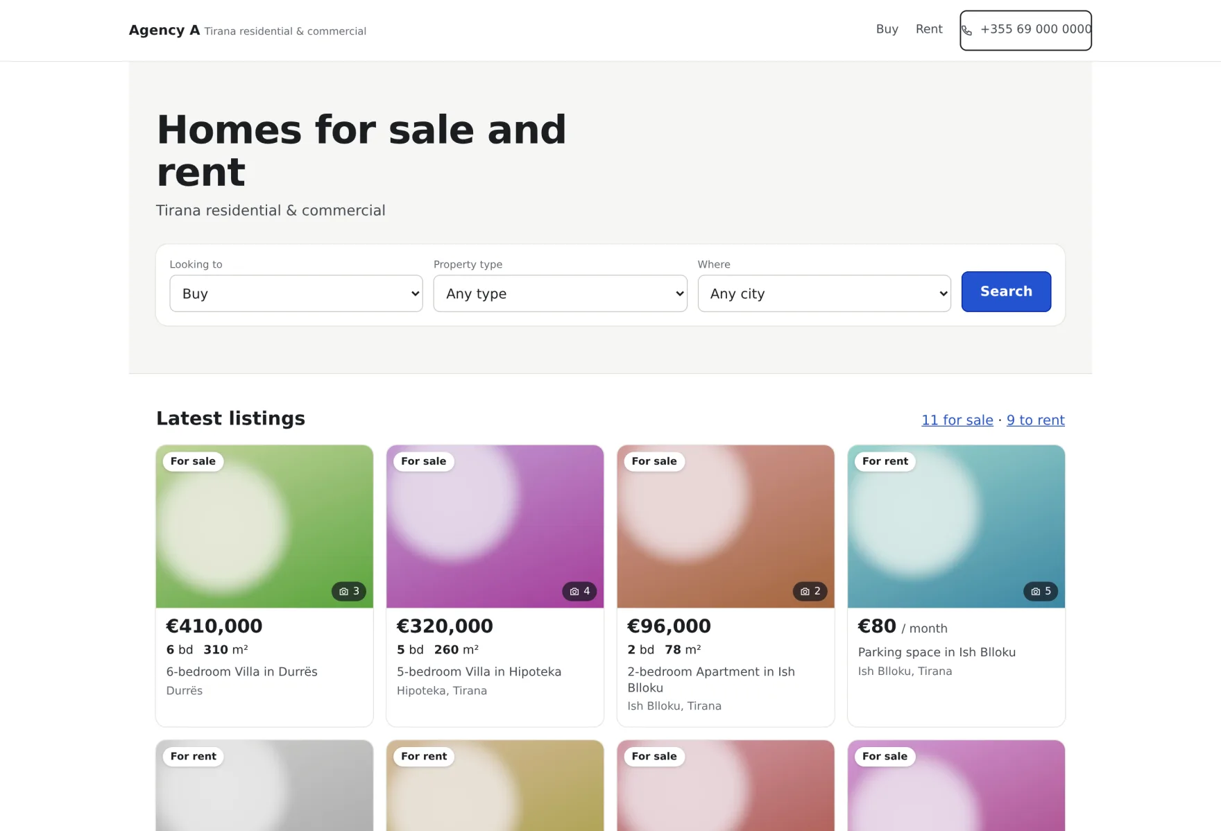 An agency's public website, showing a search panel and a grid of listings with prices, bedrooms and floor area.