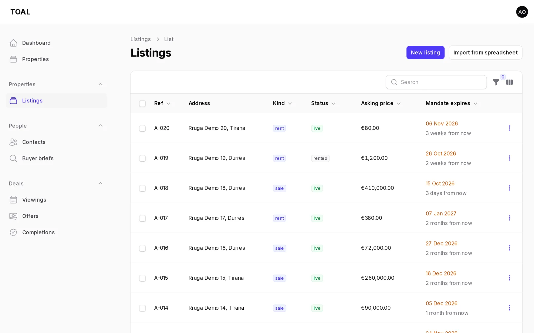 The TOAL listings screen, showing reference, address, deal type, status, asking price and mandate expiry for each listing.